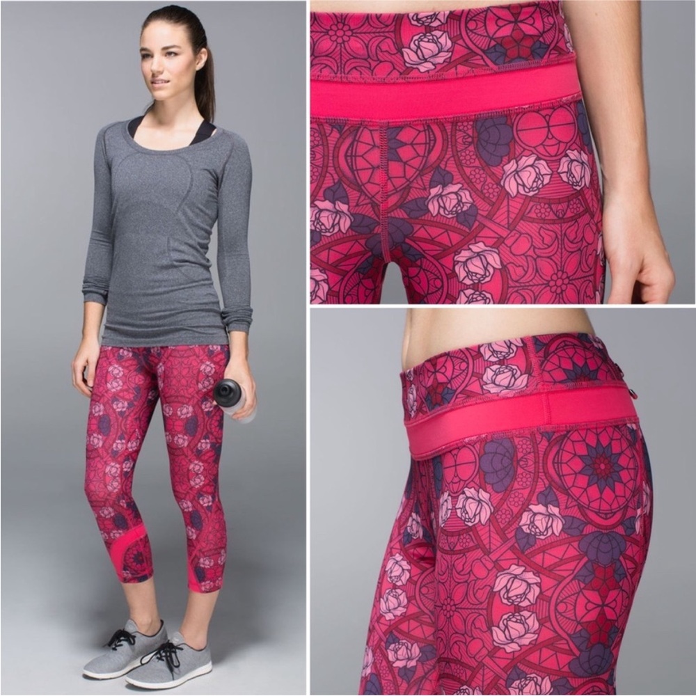 Lululemon Pink Floral Run Inspire Crop II All Full-On Luxtreme Size 6